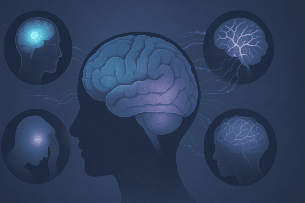 Digital infographic showing the connection between frontal and temporal lobes with glowing neural pathways, illustrating neurological disorders for Understanding the Cerebrum.