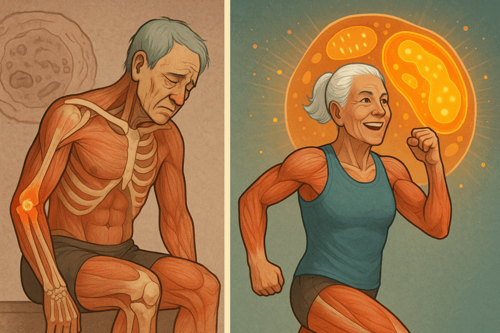 Split-screen showing aging effects: sedentary elder with joint pain versus vibrant senior benefiting from physical activity and exercise.