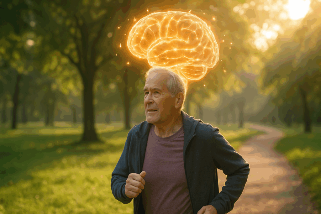 Older man jogging on a sunlit park trail with a glowing brain above his head, symbolizing the cognitive benefits of physical activity and exercise.