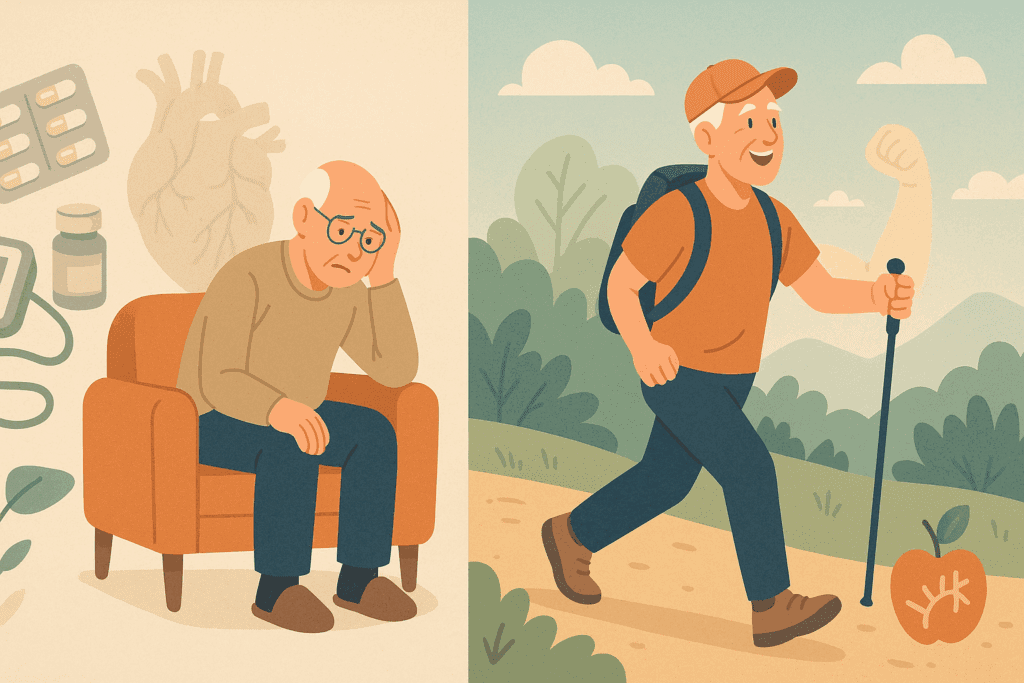 Elderly man sitting with medical items beside active senior hiking outdoors, illustrating benefits of physical activity and exercise.