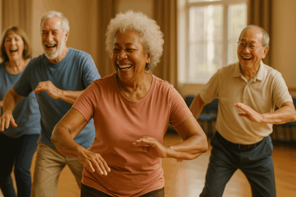 Older adults smiling and laughing while doing tai chi in a community center, highlighting emotional well-being through physical activity and exercise.
