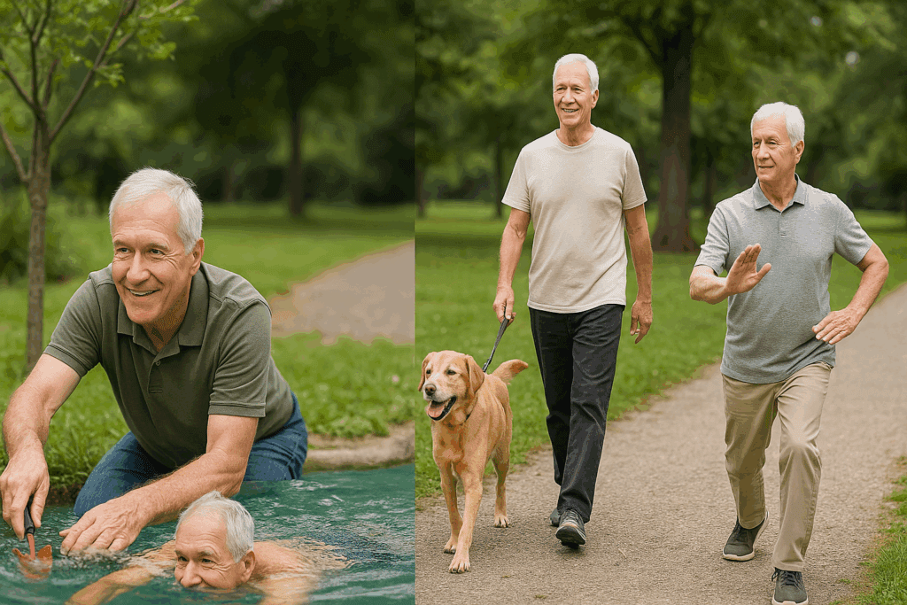 Older man shown aging through physical activity and exercise: gardening, swimming, walking a dog, and doing tai chi.