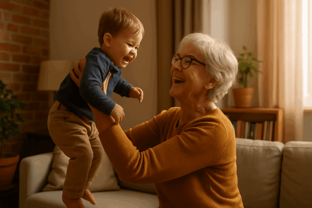 Smiling older woman lifting her grandchild in a cozy living room, showing the benefits of physical activity and exercise for functional independence.