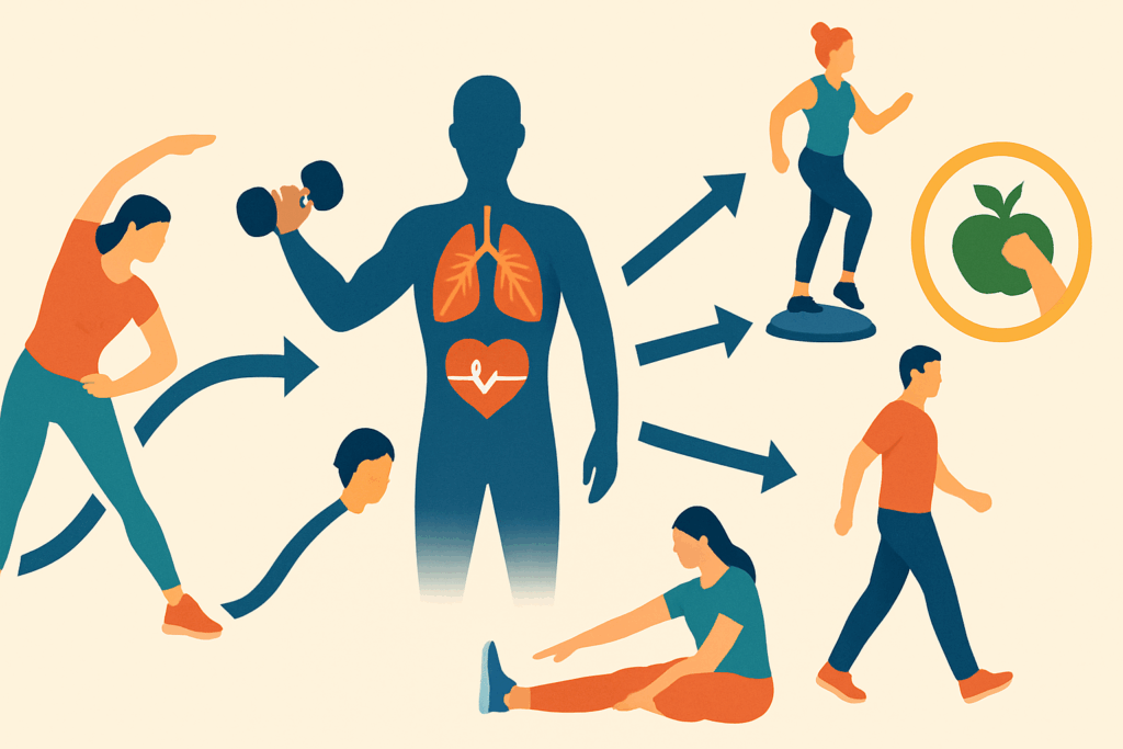 Infographic showing how physical activity and exercise support strength, balance, flexibility, and endurance through illustrated human movements.