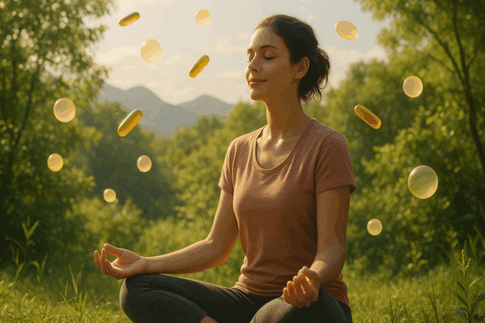Person meditating outdoors under soft sunlight with swirling supplements, symbolizing the Best Vitamins for Depression and Anxiety.