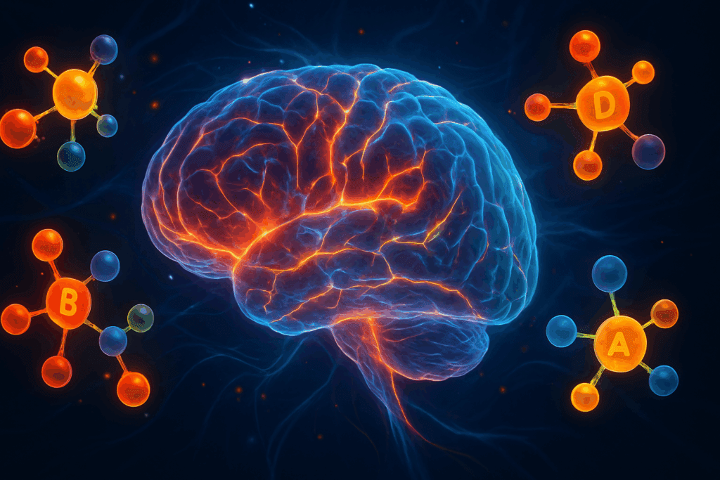 Glowing human brain with colorful energy pathways surrounded by vitamin molecules symbolizing the Best Vitamins for Depression and Anxiety.
