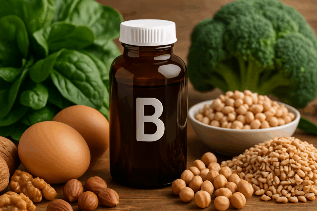Dark amber bottle of vitamin B complex surrounded by spinach, eggs, chickpeas, nuts, and whole grains, highlighting the best vitamins for depression and anxiety.