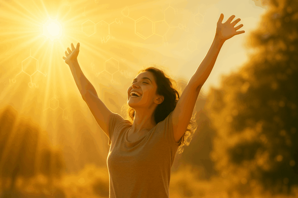 Person joyfully stretching arms upward in golden sunlight outdoors, symbolizing vitamin D synthesis for emotional well-being, promoting Best Vitamins for Depression and Anxiety.