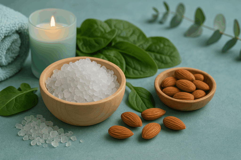 Calming spa scene with Epsom salt crystals, spinach leaves, almonds, and a candle in soft blue-green tones, representing the Best Vitamins for Depression and Anxiety.