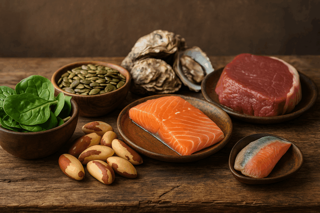 Fresh spinach, Brazil nuts, pumpkin seeds, oysters, salmon, and beef steak on a rustic wooden table under natural light, highlighting natural food sources rich in the Best Vitamins for Depression and Anxiety.