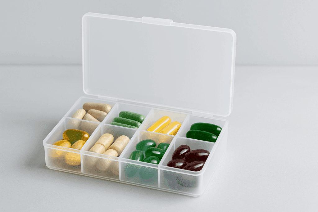 Organized supplement box with colorful capsules and soft-gel pills representing the Best Vitamins for Depression and Anxiety.