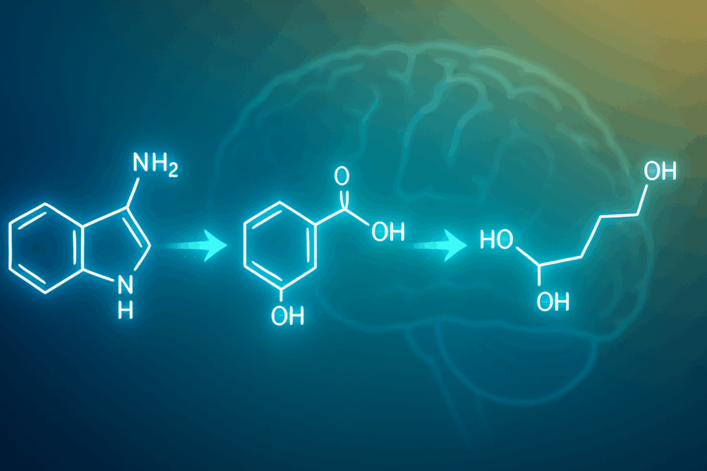 Flowing molecular pathway showing tryptophan converting into 5-HTP and serotonin with a glowing brain background, symbolizing Best Vitamins for Depression and Anxiety.