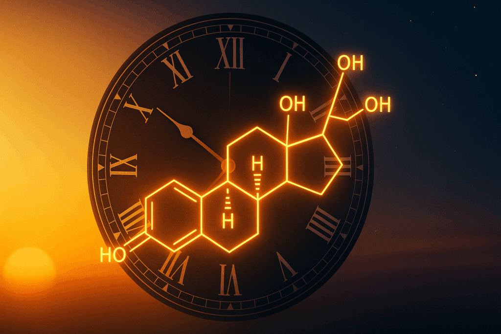 Clock face intertwined with a glowing cortisol hormone structure against a sunrise-to-night gradient background, symbolizing the Best Cortisol Reducers for optimal brain health.