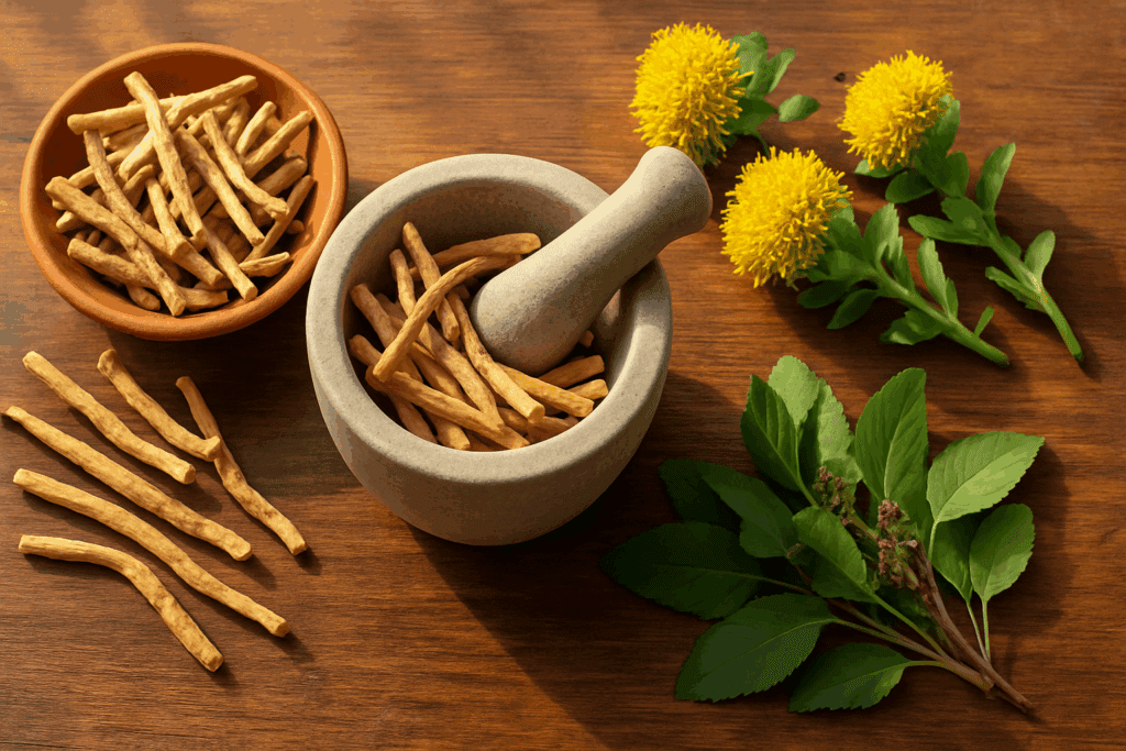 Flat lay of ashwagandha roots, Rhodiola flowers, and Holy Basil leaves with a mortar and pestle on a wooden table, showcasing the Best Cortisol Reducers in natural light.