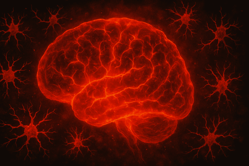 Abstract depiction of an inflamed human brain with activated microglial cells, symbolizing chronic stress and the effects targeted by Best Cortisol Reducers.