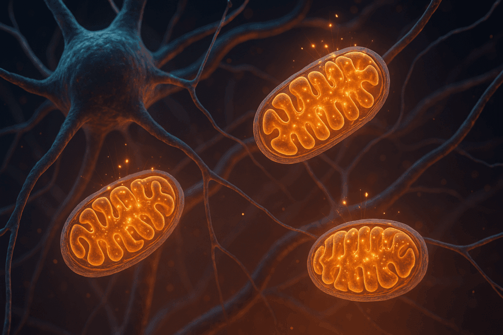 3D render of mitochondria inside a neuron producing ATP energy sparks, illustrating brain vitality for Best Cortisol Reducers.