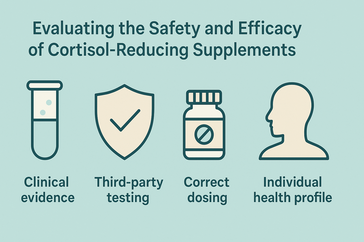 Minimalistic infographic showing four key factors for choosing the best cortisol reducers: clinical evidence, third-party testing, correct dosing, and individual health profile, with calming colors and simple icons.