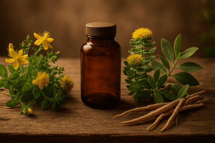 Herbal supplements including St. John’s Wort, Rhodiola, and Ashwagandha on a rustic table symbolizing Natural Alternatives to Prozac for Anxiety and Depression