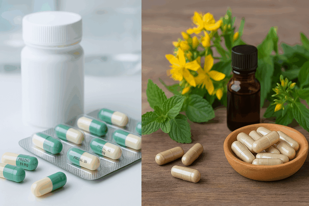 Split-screen comparison showing pharmaceutical Prozac pills on one side and herbal supplements, leafy plants, and oils on the other, highlighting Natural Alternatives to Prozac for Anxiety and Depression.