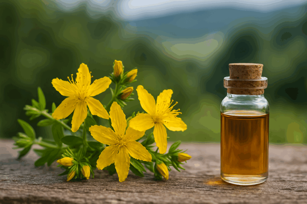 St. John’s Wort flowers and herbal extract vial on a wooden table with natural background, symbolizing natural alternatives to Prozac for anxiety and depression
