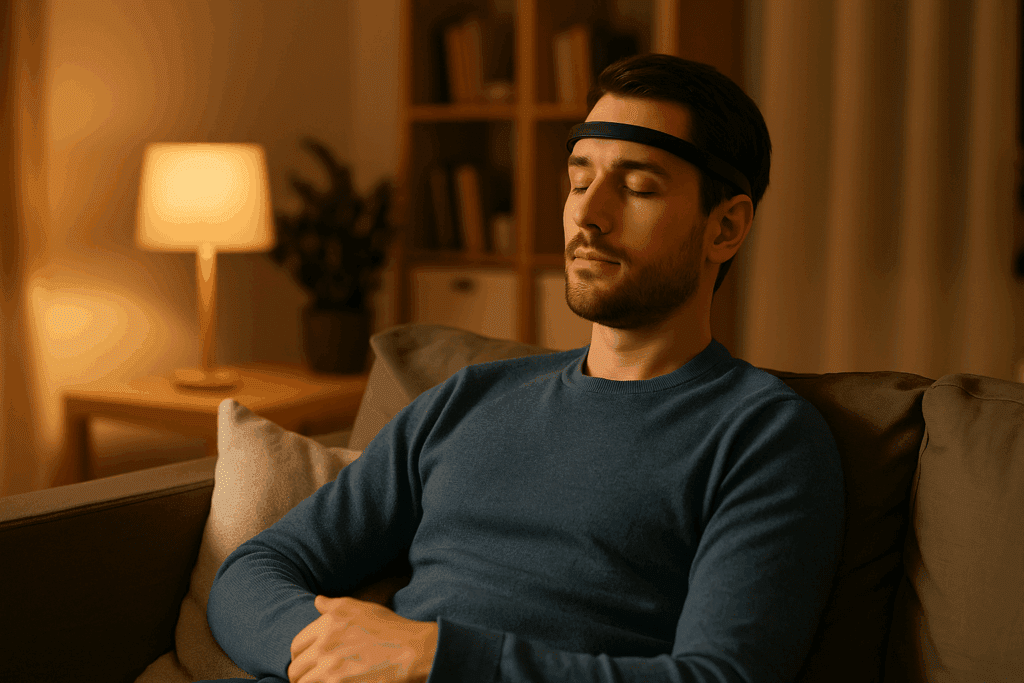 Man using a sleek neurofeedback headband in a cozy living room, symbolizing Natural Alternatives to Prozac for Anxiety and Depression
