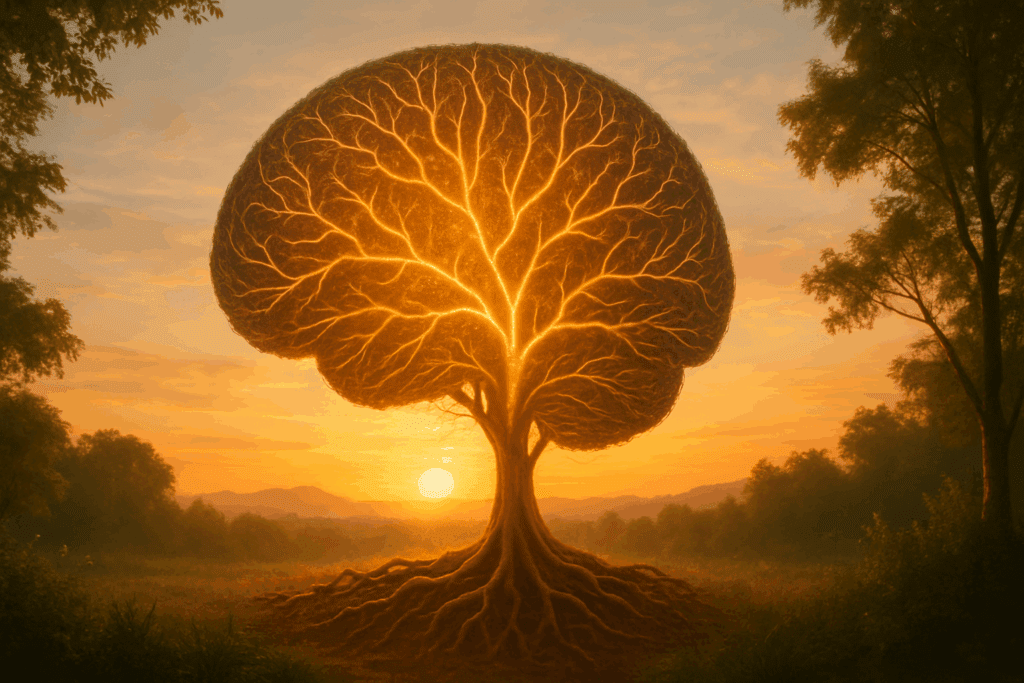 Brain-shaped tree made of glowing roots and branches at sunrise, symbolizing neuroplasticity and Natural Alternatives to Prozac for Anxiety and Depression.