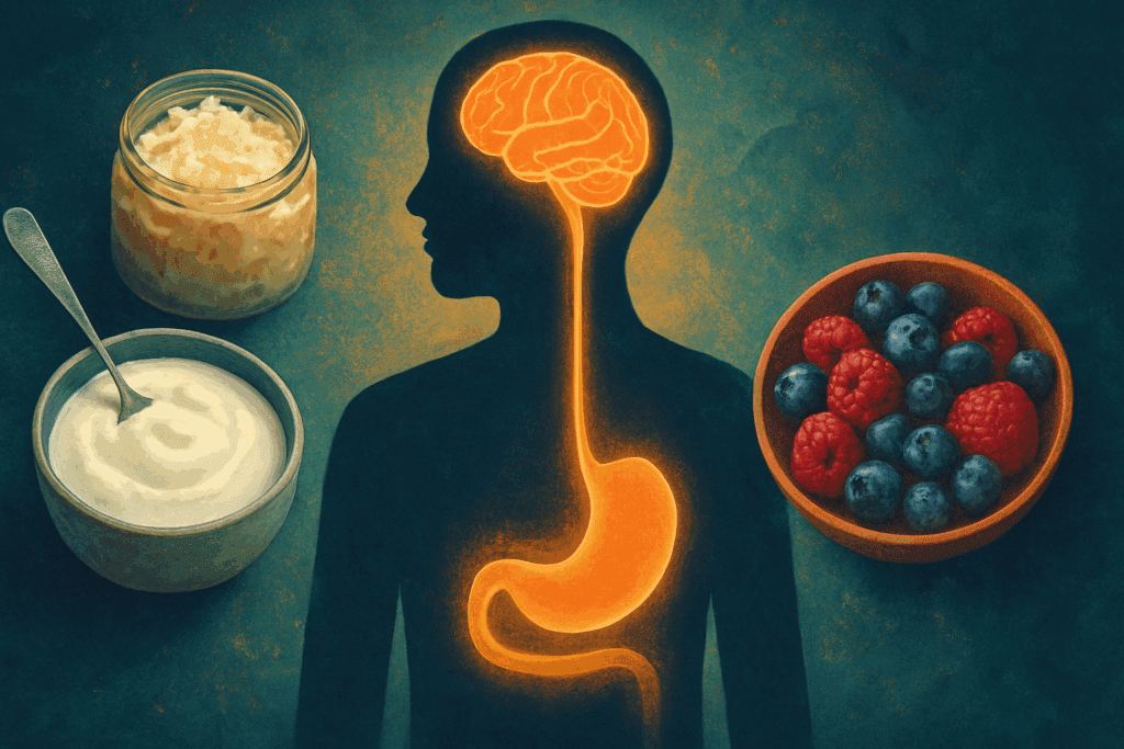 Artistic illustration of the gut-brain connection showing a glowing link between stomach and brain in a human silhouette, surrounded by yogurt, sauerkraut, and berries, symbolizing Natural Alternatives to Prozac for Anxiety and Depression.