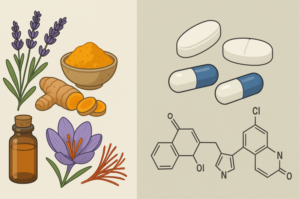 Side-by-side comparison of natural alternatives to Prozac for anxiety and depression, featuring lavender, turmeric, and saffron versus antidepressant pills and chemical structures.