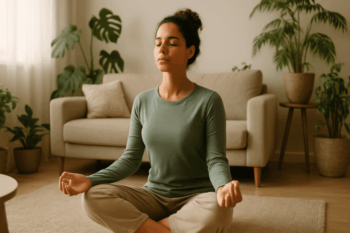 Woman meditating in a sunlit, plant-filled living room for natural anxiety relief and emotional calm