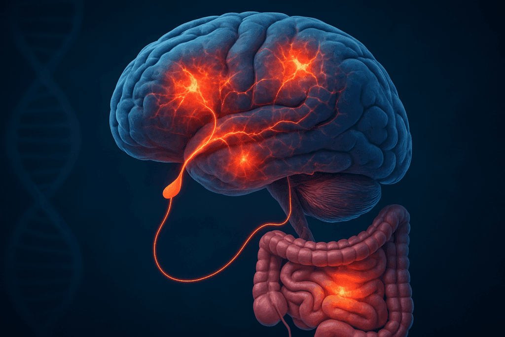 Conceptual illustration of the brain and gut connection showing inflamed stress pathways, highlighting biological mechanisms linked to Natural Anxiety Relief