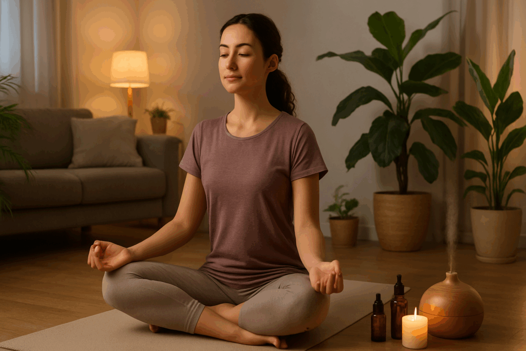 Woman practicing yoga at home with essential oils, plants, and candlelight for natural anxiety relief
