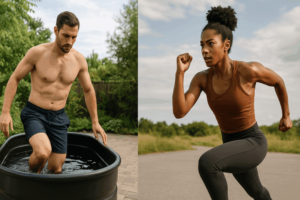 Man stepping into a cold plunge tub and woman performing high-intensity exercise outdoors, symbolizing Natural Anxiety Relief through hormetic stress and resilience-building.
