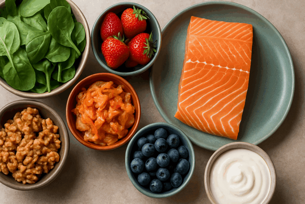 Overhead view of nutrient-rich foods like salmon, leafy greens, berries, yogurt, walnuts, and kimchi, supporting Natural Anxiety Relief