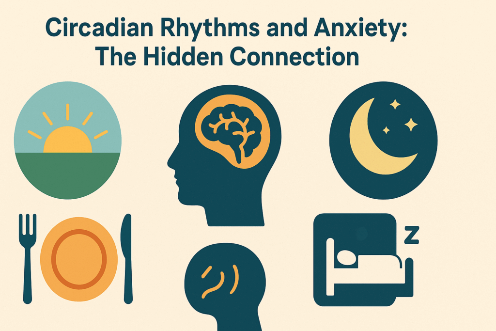 Visual infographic illustrating natural anxiety relief through circadian rhythm strategies, including sunrise, meals, sleep, and nighttime icons.