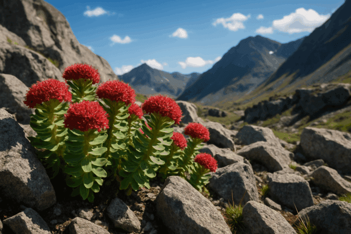 Rhodiola rosea flowers blooming among rocky high-altitude terrain under bright sunlight, showcasing vitality and resilience for an article about What Is Rhodiola Rosea Good For.