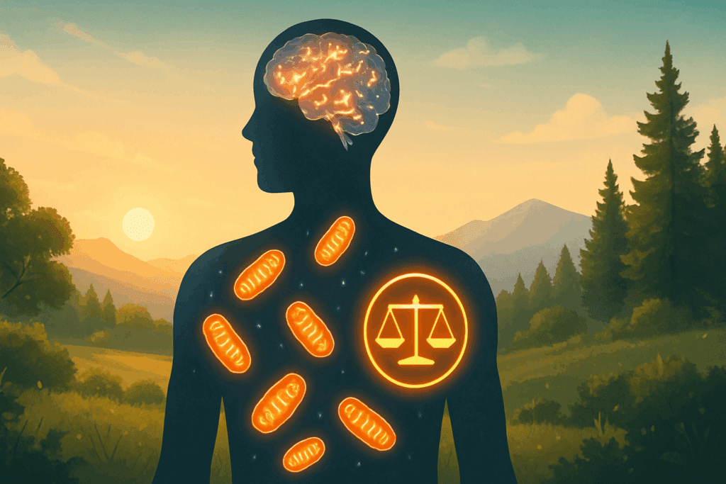 Human silhouette in a peaceful landscape with glowing mitochondria, active brain, and balanced cortisol symbol, visualizing What Is Rhodiola Rosea Good For.