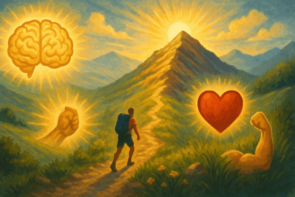 Person climbing a sunny mountain trail symbolizing physical endurance, emotional resilience, and cognitive clarity, illustrating What Is Rhodiola Rosea Good For.