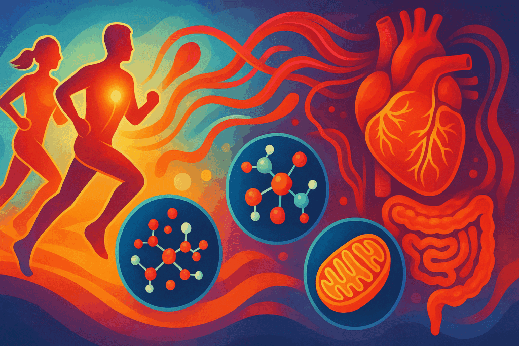 Energetic human figures running with molecular models of AMPK activation, glucose, and mitochondria against a vibrant metabolic health background, illustrating What Is Rhodiola Rosea Good For.