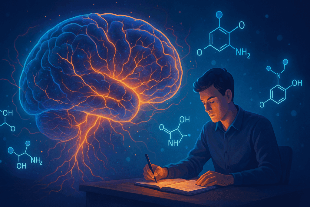 Futuristic illustration showing a glowing brain and a focused student surrounded by floating molecules, symbolizing cognitive vitality and exploring What Is Rhodiola Rosea Good For.