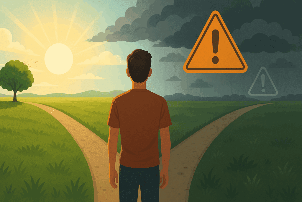 Person standing at a forked path with green fields and storm clouds, symbolizing choices in safety for the topic What Is Rhodiola Rosea Good For