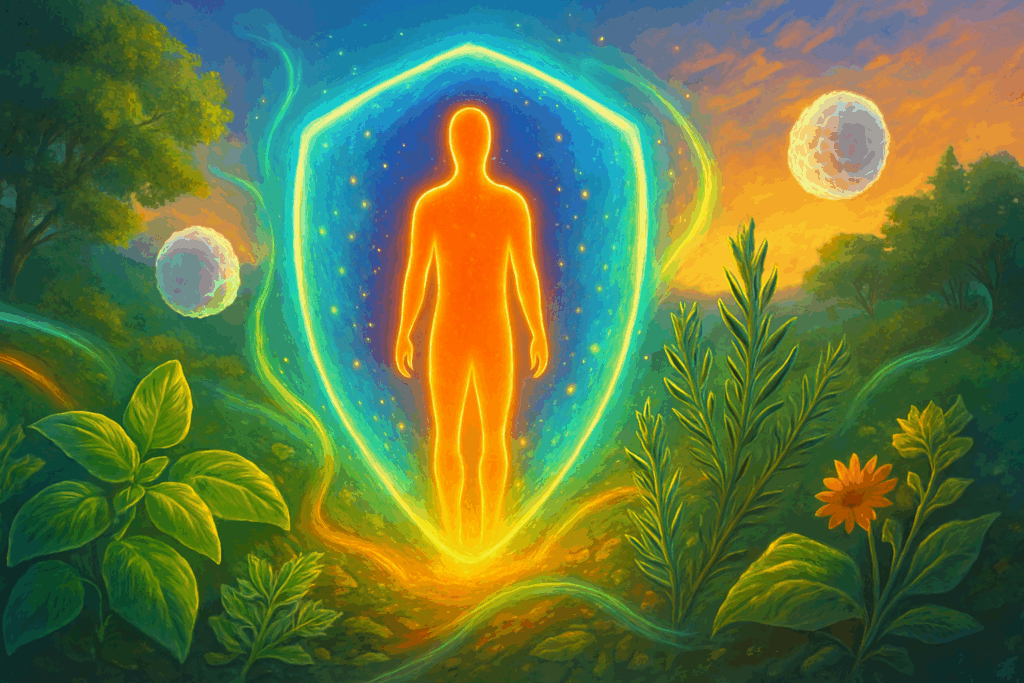 Glowing human figure protected by a vibrant energy shield surrounded by herbs, white blood cells, and healthy natural elements, symbolizing immune support for What Is Rhodiola Rosea Good For.