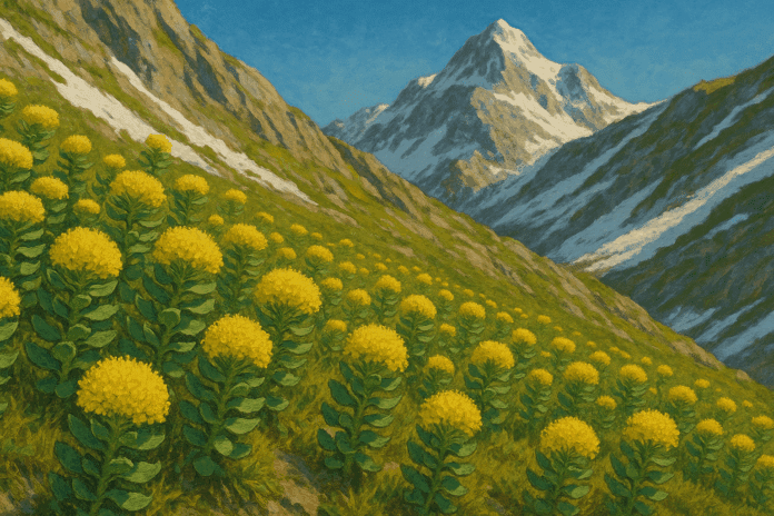Field of yellow-blossomed Rhodiola rosea plants on snowy mountain slopes under a clear blue sky, evoking themes from Rhodiola Rosea Reviews.