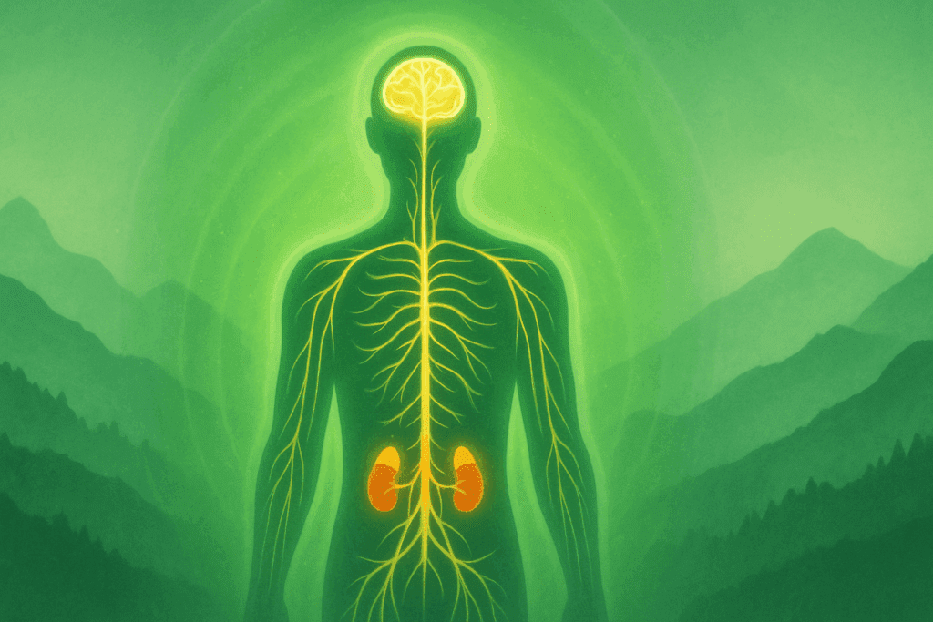 Abstract human figure with glowing nervous system and adrenal glands, symbolizing stress relief and balance for Rhodiola Rosea reviews.