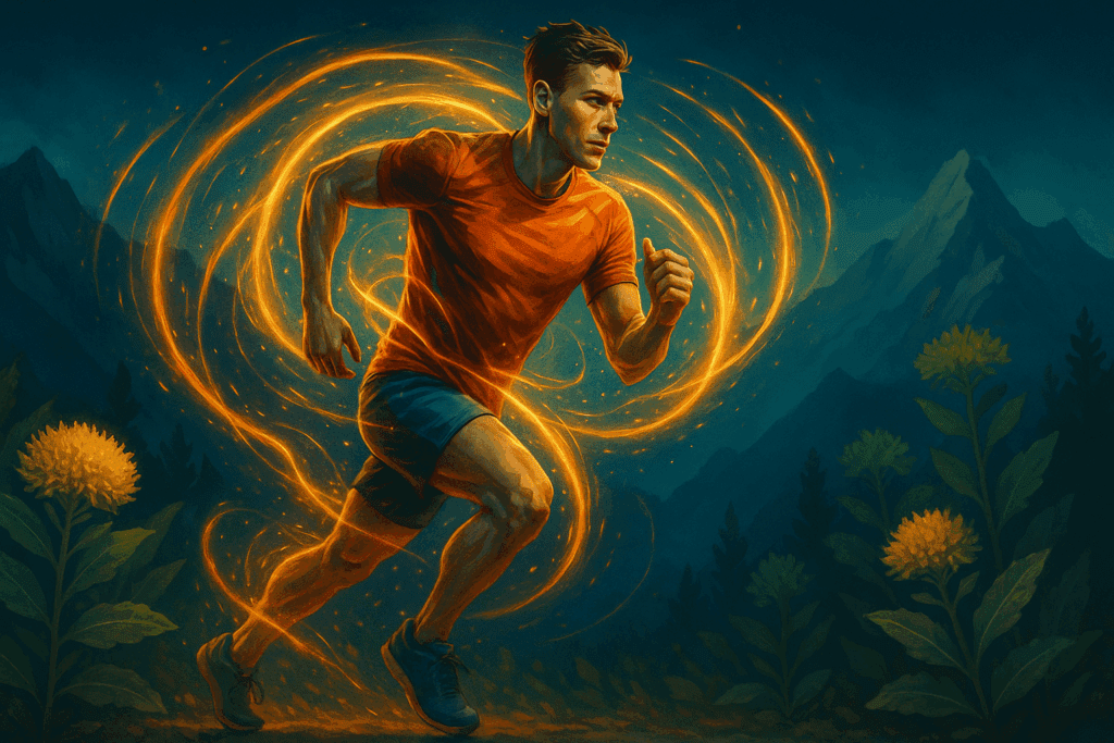 Runner surrounded by glowing energy fields symbolizing recovery and endurance, with Rhodiola rosea plants in a mountain landscape; concept for Rhodiola Rosea Reviews.