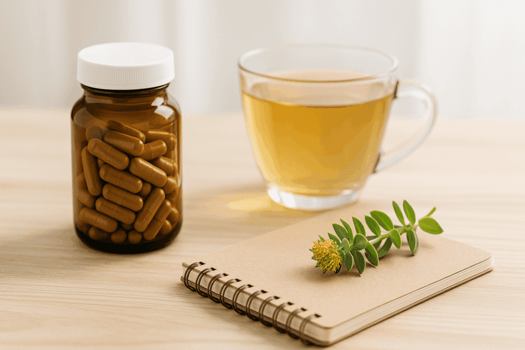Rhodiola Rosea capsules in a brown glass bottle beside herbal tea, notebook, and Rhodiola sprig, reflecting calm wellness for Rhodiola Rosea reviews.
