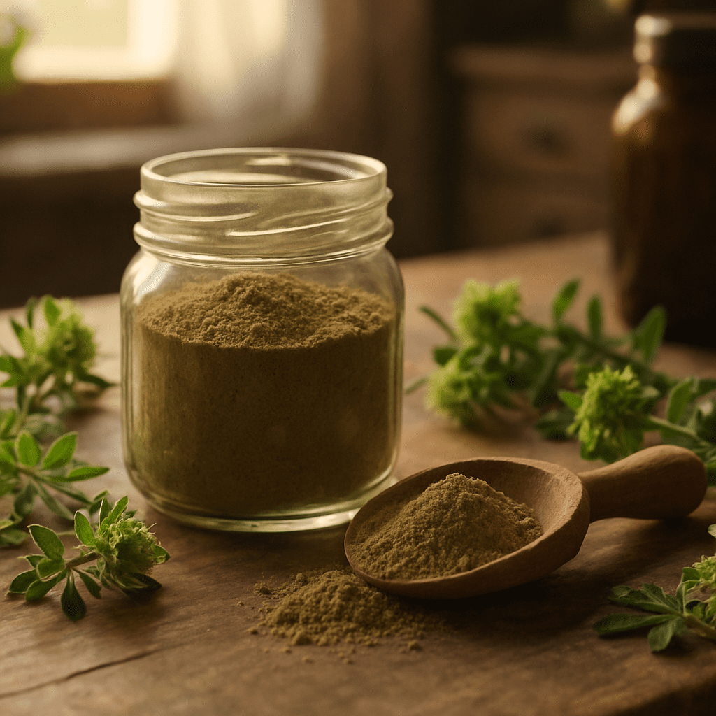Glass jar of Rhodiola powder and wooden scoop on rustic table with herbs, illustrating DIY wellness for Rhodiola Rosea Reviews.