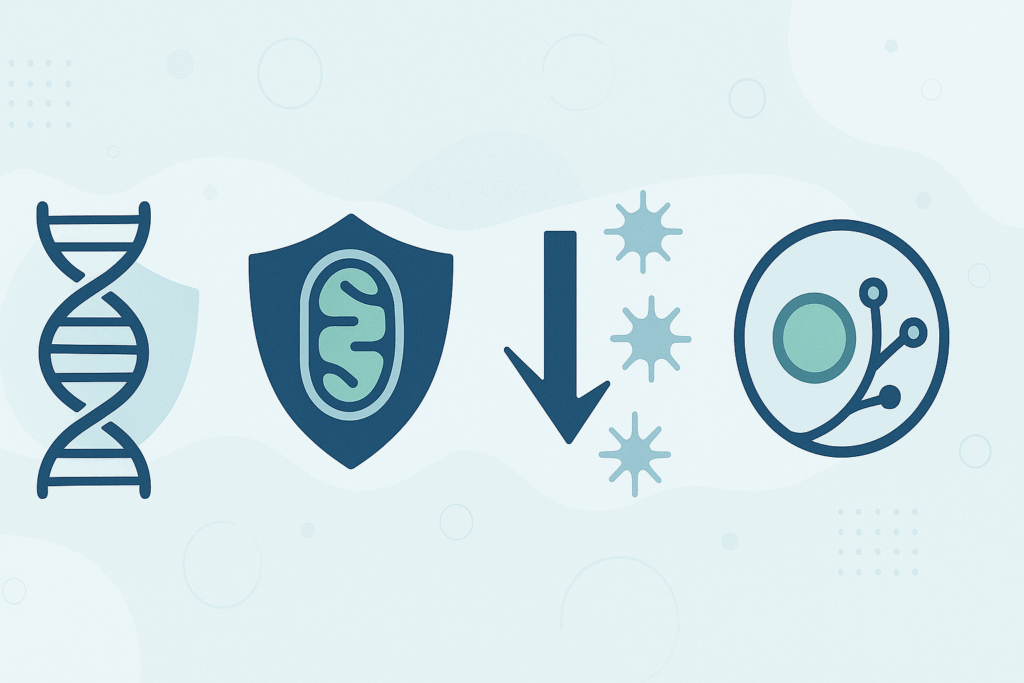 Modern infographic-style vector showing Rhodiola Rosea reviews through symbolic icons of DNA protection, shielded mitochondria, ROS reduction, and cell repair.