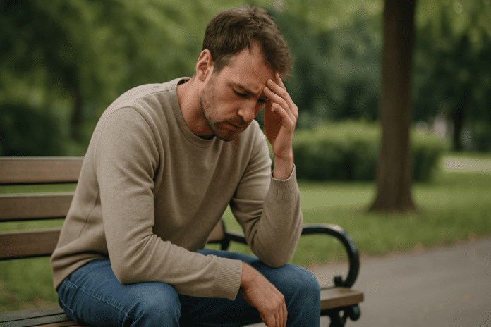 A young Caucasian man sits alone on a wooden park bench in a quiet green space, his head resting in his hand as he stares downward in deep thought. The soft, overcast daylight and minimal surroundings emphasize the theme of trying to stop thinking about something that gives you anxiety and reinforce brain-based techniques for calming mental overload