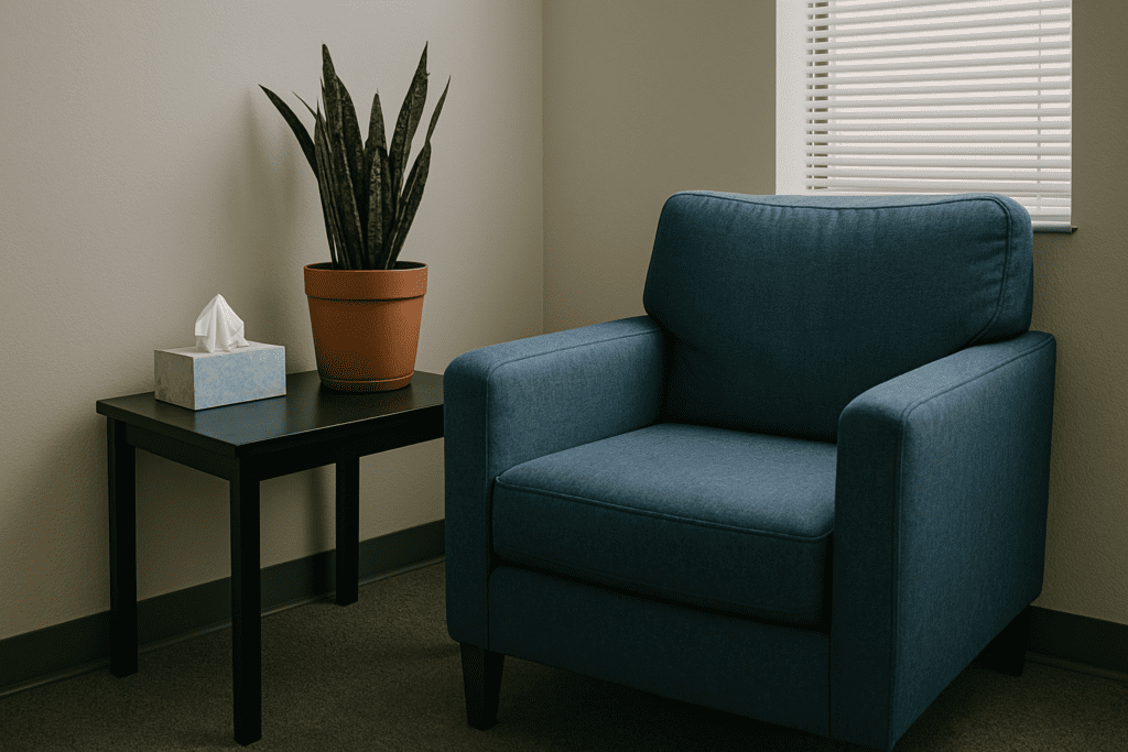 A calm, softly sunlit therapy room with a simple blue armchair, a tissue box, and a potted plant arranged beside neutral walls. This visually suggestive environment reflects a safe space for mental processing and illustrates how clinical settings support brain-based strategies for managing persistent anxious thoughts.