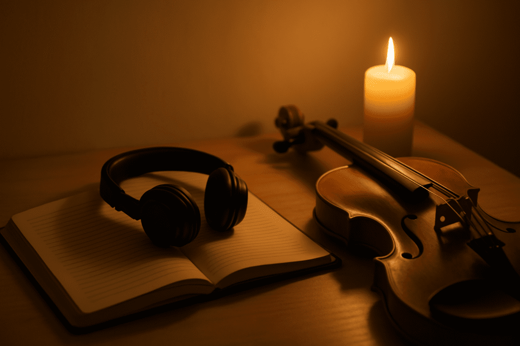 A violin, headphones, and an open notebook rest on a wooden desk illuminated by the warm glow of a candle, symbolizing how focus music and ambient lighting foster productivity and brain health during quiet study sessions.